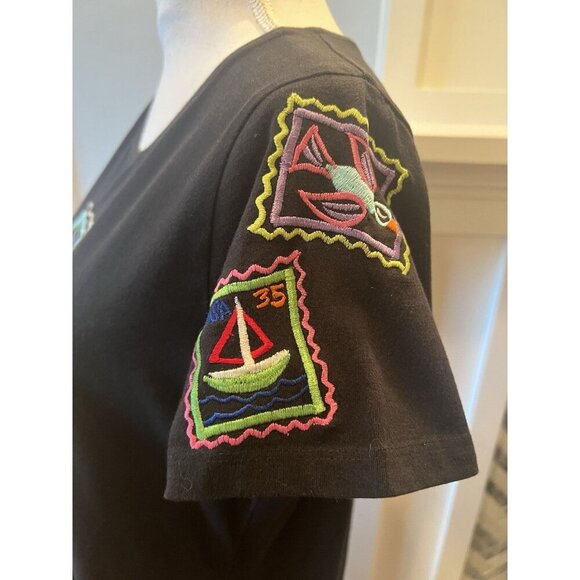 MICHAEL SIMON Lite 100% Cotton Midi Dress Womens Medium USA Stamps Embroidery - Picture 7 of 14